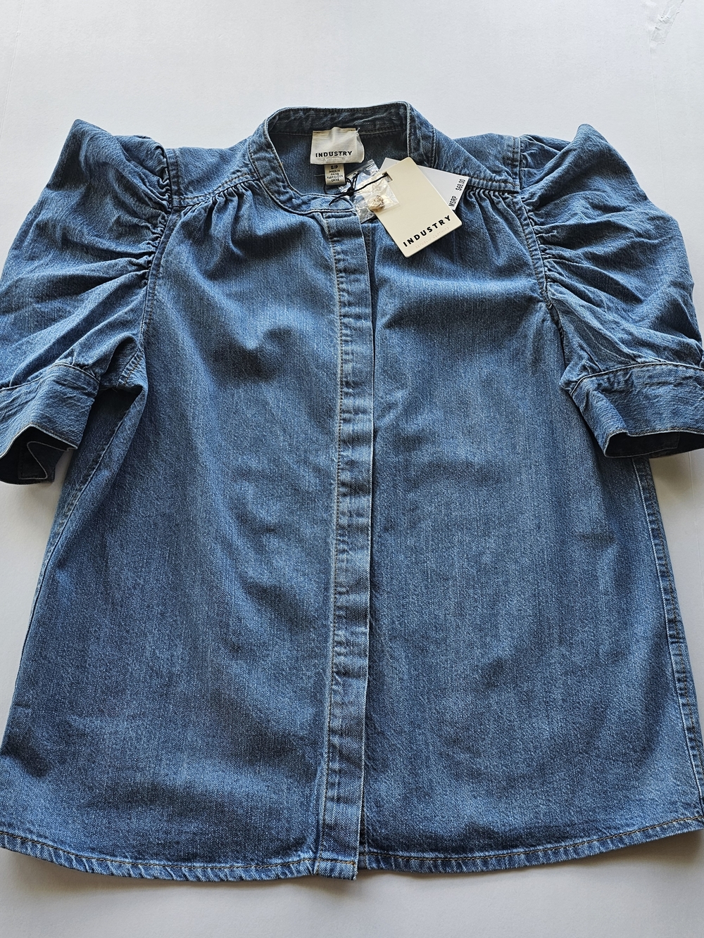 Industry Puff-Sleeve Denim Blouse in Light Blue, Size S, NWT $68